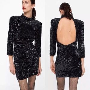 Zara Blogger Black Sequin Velvet Backless Party Cocktail Mini Dress.